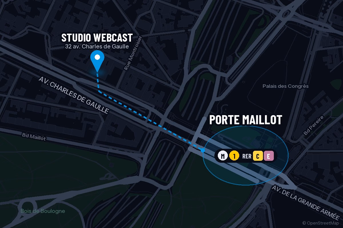 Plan d’accès au Studio Webcast, 32 avenue Charles de Gaulle à Neuilly-sur-Seine, à 3 minutes du métro Porte Maillot